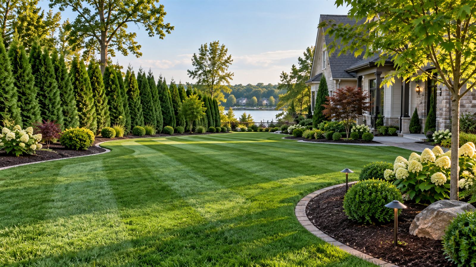 Row of arborvitae screening trees beside a manicured lawn
