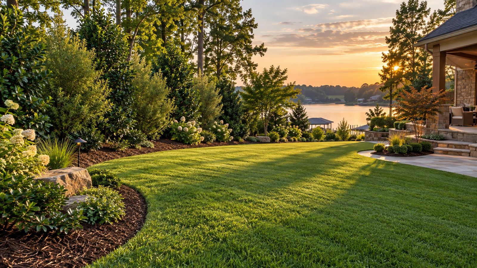 Landscaped beds with lighting, grasses and a privacy fence at sunset